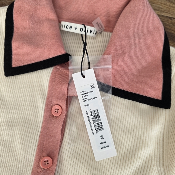 NWT Alice + Olivia White Pia Ribbed Knit Polo Wool Sweater Size XS - Picture 3 of 8